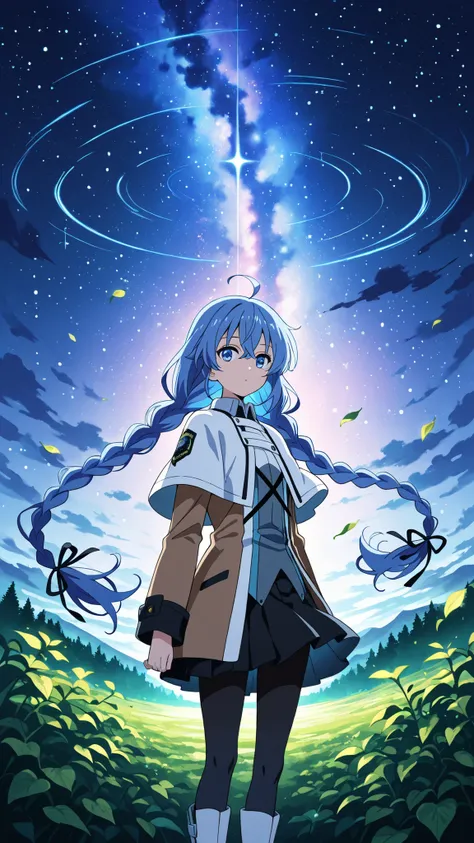 BREAK (masterpiece:1.2),Anime-style forest clearing under a surreal night sky filled with colorful galaxies and planets, starlight reflecting on leaves, magical and otherworldly atmosphere, no people,black legwear, black skirt, capelet, jacket, brown jacke...