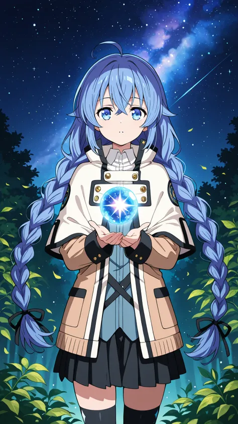 BREAK (masterpiece:1.2),Anime-style forest clearing under a surreal night sky filled with colorful galaxies and planets, starlight reflecting on leaves, magical and otherworldly atmosphere, no people,black legwear, black skirt, capelet, jacket, brown jacke...