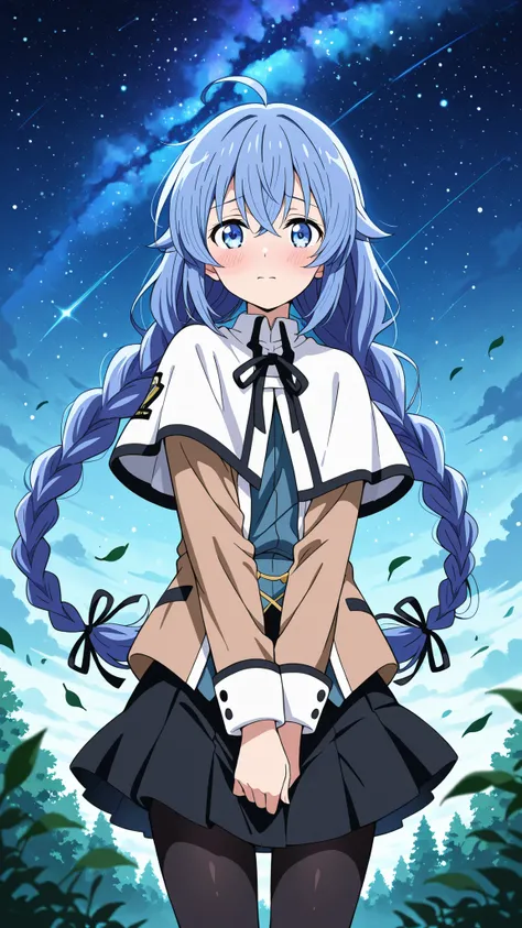 BREAK (masterpiece:1.2),Anime-style forest clearing under a surreal night sky filled with colorful galaxies and planets, starlight reflecting on leaves, magical and otherworldly atmosphere, no people,black legwear, black skirt, capelet, jacket, brown jacke...