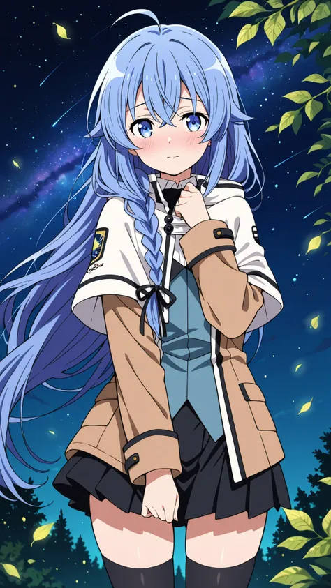 BREAK (masterpiece:1.2),Anime-style forest clearing under a surreal night sky filled with colorful galaxies and planets, starlight reflecting on leaves, magical and otherworldly atmosphere, no people,black legwear, black skirt, capelet, jacket, brown jacke...