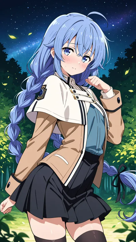 BREAK (masterpiece:1.2),Anime-style forest clearing under a surreal night sky filled with colorful galaxies and planets, starlight reflecting on leaves, magical and otherworldly atmosphere, no people,black legwear, black skirt, capelet, jacket, brown jacke...