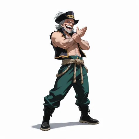 (male), (old man), (slim body), (grey hair), (short hairstyle), (blue eyes), (laughing face), (villain laugh), (villain vibe), (hairy chest), (hairy arms), (solo), (single character), (full body version), (white background), (no background), (highly detail...