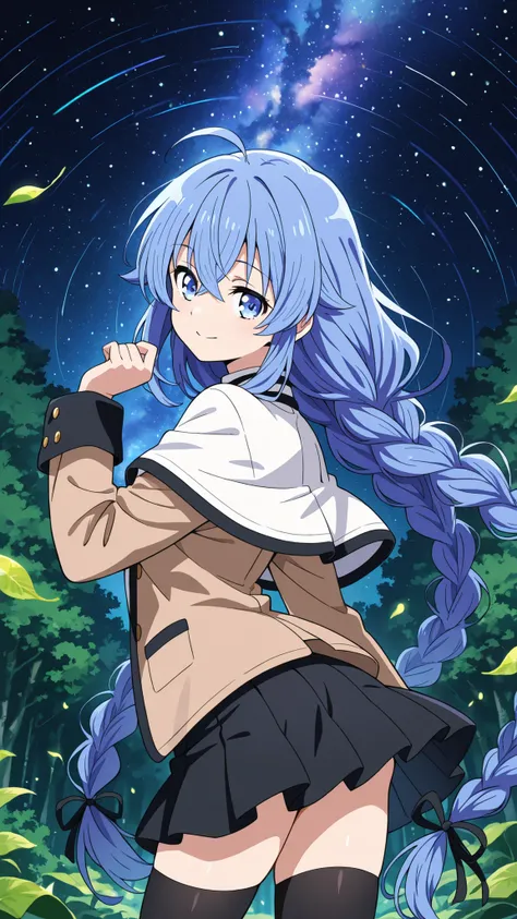 BREAK (masterpiece:1.2),Anime-style forest clearing under a surreal night sky filled with colorful galaxies and planets, starlight reflecting on leaves, magical and otherworldly atmosphere, no people,black legwear, black skirt, capelet, jacket, brown jacke...