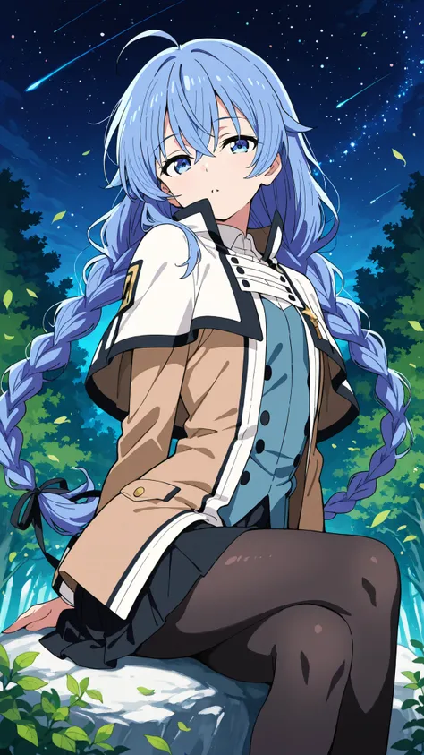 BREAK (masterpiece:1.2),Anime-style forest clearing under a surreal night sky filled with colorful galaxies and planets, starlight reflecting on leaves, magical and otherworldly atmosphere, no people,black legwear, black skirt, capelet, jacket, brown jacke...