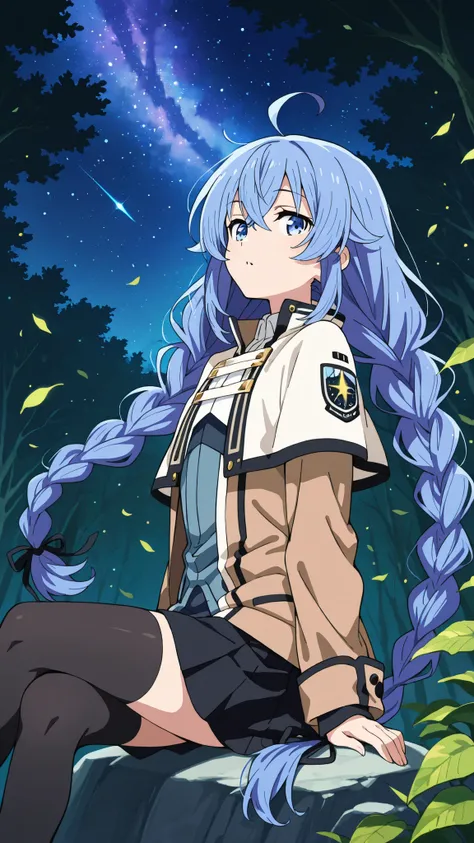 BREAK (masterpiece:1.2),Anime-style forest clearing under a surreal night sky filled with colorful galaxies and planets, starlight reflecting on leaves, magical and otherworldly atmosphere, no people,black legwear, black skirt, capelet, jacket, brown jacke...