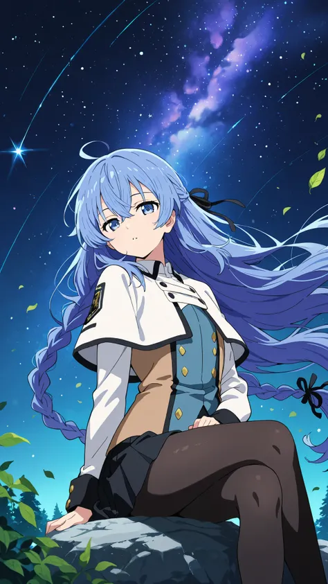 BREAK (masterpiece:1.2),Anime-style forest clearing under a surreal night sky filled with colorful galaxies and planets, starlight reflecting on leaves, magical and otherworldly atmosphere, no people,black legwear, black skirt, capelet, jacket, brown jacke...