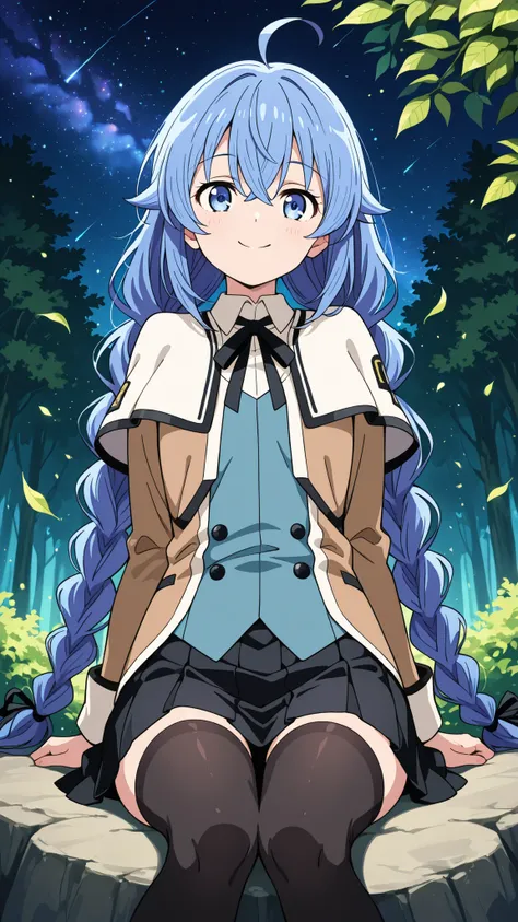 BREAK (masterpiece:1.2),Anime-style forest clearing under a surreal night sky filled with colorful galaxies and planets, starlight reflecting on leaves, magical and otherworldly atmosphere, no people,black legwear, black skirt, capelet, jacket, brown jacke...