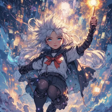 Comic book illustration,colored sketch in the style of ck-ccd,Wizard Girl、Flying Through a Fantastic Night Sky、Rainbow Light Traces All Over Your Body、Multiple Layers of Sparkle、Long Hair Shines in Rainbow Colors、Spiky Hair、Japanese High School Girl Unifor...