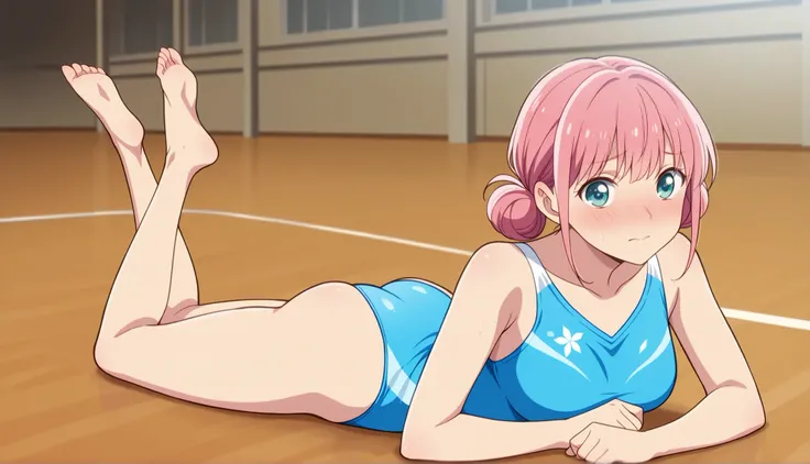 anime style Ao's box Die Ye Hina cute Embarrassing blue leotards sleeveless leotard Rhythmic gymnastics twin bun hair pink hair in practice Barefoot gymnasium, prone, on stomach,