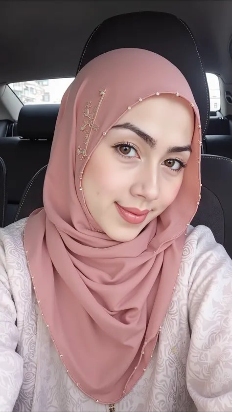 hyper HD, Masterpiece, Textured skin, 4K, Best quality of potrait a Beautiful hijab asian woman white fairy skin wearing dress , close-up half body , perfect hijab, detail veil , no hair visible, hyper realistic scarf and ornate on her side big back head h...