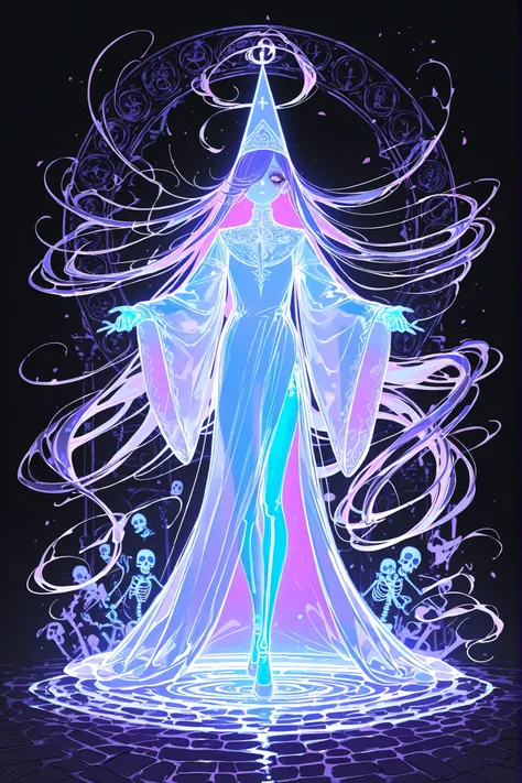 (source_anime,xxx667_illu,glowing,ghostly) The undead medival princes. (She has a transparent skin, the silhouette of her skeletal bones can be see through.) She has a shorty flat-chested body shape. She has ghostly pale skin and bruises under her eyes. S...
