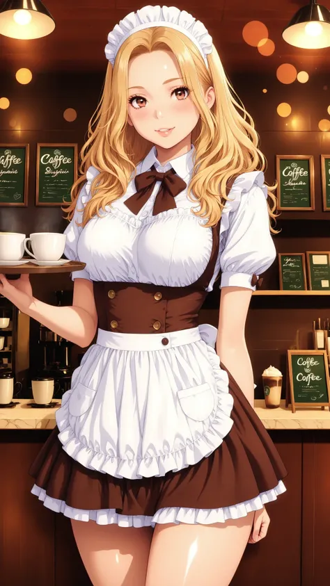 Semi realistic, solo, maid clothes, standing pose, low angle, Hold coffee on a tray, ((Cafe, inside the coffee shop)), (フリル付きmaid clothes, Mini Skirt), smile Yang, 優しいsmile Yang, charming eyes, shiny skin, graceful behavior, shiny, Broken Lips, Blonde, a...