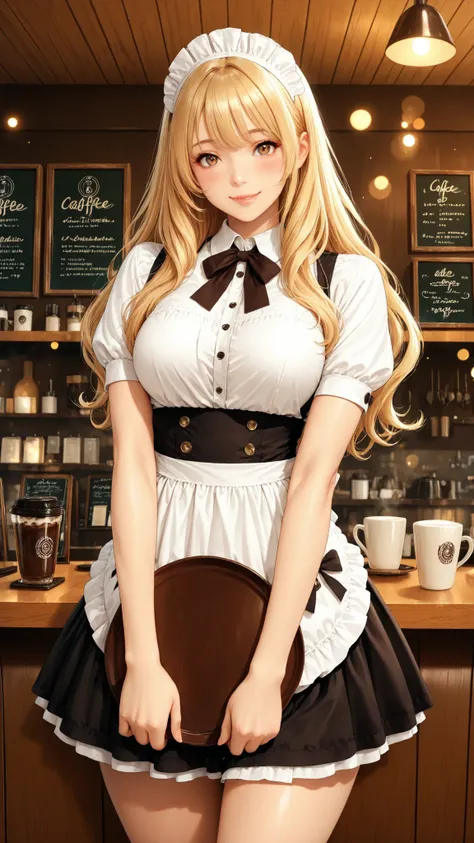 Semi realistic, solo, maid clothes, standing pose, low angle, Hold coffee on a tray, ((Cafe, inside the coffee shop)), (フリル付きmaid clothes, Mini Skirt), smile Yang, 優しいsmile Yang, charming eyes, shiny skin, graceful behavior, shiny, Broken Lips, Blonde, a...