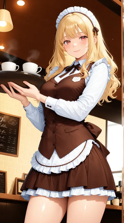 Semi realistic, solo, maid clothes, standing pose, low angle, Hold coffee on a tray, ((Cafe, inside the coffee shop)), (フリル付きmaid clothes, Mini Skirt), smile Yang, 優しいsmile Yang, charming eyes, shiny skin, graceful behavior, shiny, Broken Lips, Blonde, a...