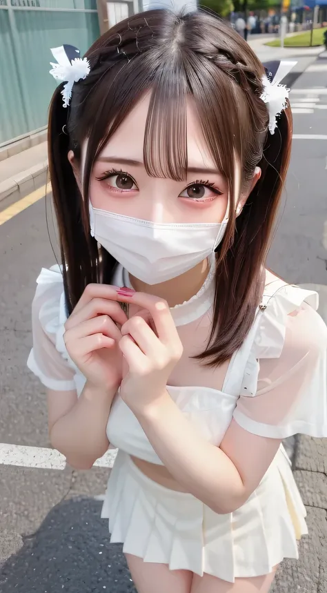 from directly above,from directly above, long wave hair,cute eyes,cute eyes,cute eyes,cute eyes,wide open eyes,(Highest Quality、high resolution、masterpiece:1.3)、  (white face mask,white face mask,white face mask),White Tennis Jersey,White Pleated Miniskirt...