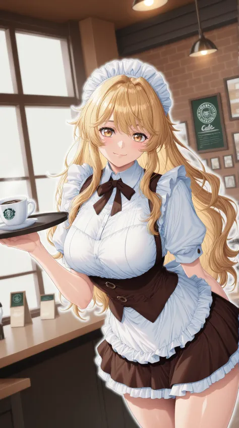 (Yokota Mamoru style),masterpiece, 最High Quality, Newest, high resolution, 1 girl who breaks the heavens,staring at the viewer,charming smile,(portrait :1.4),Semi realistic, solo, maid clothes, standing pose, low angle, Hold coffee on a tray, ((Cafe, insi...