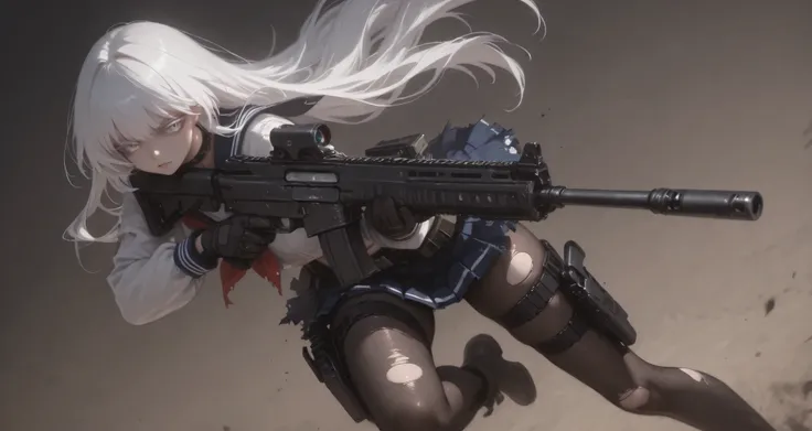 (masterpiece, Highest Quality, super detailed anime style digital painting holding a large assault rifle、closeup pictures), 1girl, long white hair、White eyelashes、Girl in a Sailor Suit、pleated skirt、I'm holding a big assault rifle。A holster belt is attache...