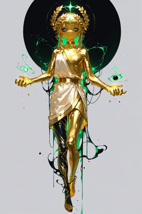 (ancient greek clothes,greco-roman clothes,gold choker,armlet,laurel crown,metallic skin, gold metal skin,m3t4l, xxx667_illu,glowing,) Male character greek god. He has tall mighty broad-shouldered body shape with masculine features. He has metallic gold sk...