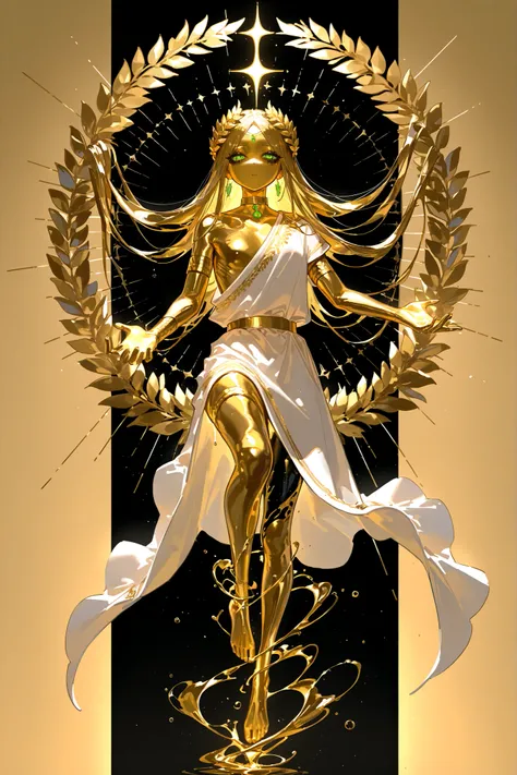(ancient greek clothes,greco-roman clothes,gold choker,armlet,laurel crown,metallic skin, gold metal skin,m3t4l, xxx667_illu,glowing,) Male character greek god. He has tall mighty broad-shouldered body shape with masculine features. He has metallic gold sk...