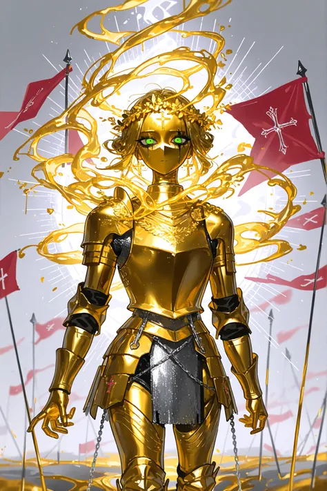 (Knight,metallic skin, gold metal skin,m3t4l, xxx667_illu,glowing,) Male character Crusader knight. He has tall mighty broad-shouldered body shape with masculine features. He has metallic gold skintone. his whole body are covered with molten liquid gold. H...