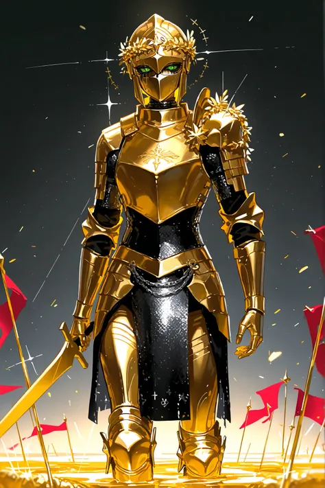 (Knight,metallic skin, gold metal skin,m3t4l, xxx667_illu,glowing,) Male character Crusader knight. He has tall mighty broad-shouldered body shape with masculine features. He has metallic gold skintone. his whole body are covered with molten liquid gold. H...