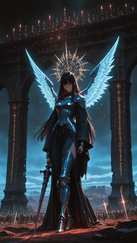 solo, Valkyrie, warrior woman, standing on, looking down at the battlefield, billowing in the wind, Hair blowing in the wind,  holy lance in  her hand, dramatic high fantasy , beautiful straight hair, (sacred Valkyrie armor, Mithril light armor, elaborate ...