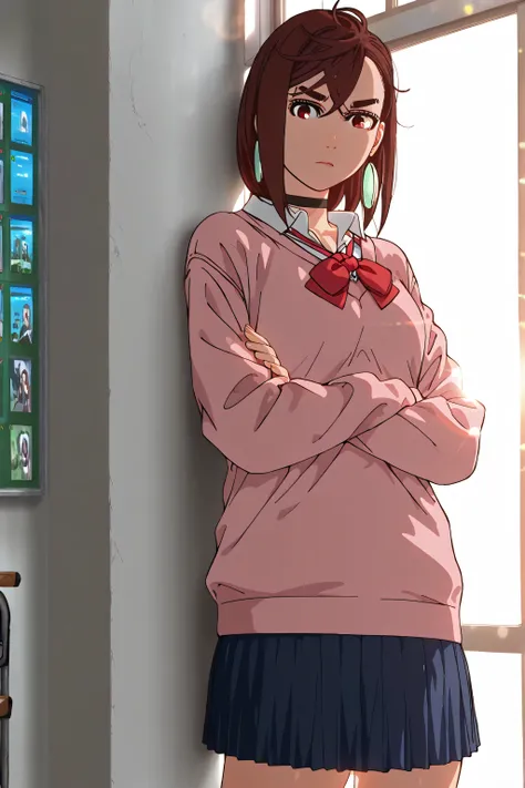 1girl, solo, (dandadan, ayase momo), short hair, bangs, thick eyebrows, brown hair, makeup, red eyes, green earrings, school uniform, blue skirt, pink sweater, red ribbon tie, choker, shiny skin, standing, leaning back against wall, looking at viewer, cros...