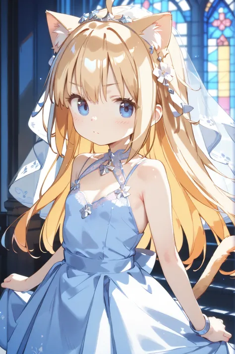 masterpiece、Highest Quality、Highest Quality、8k,anime style、1girl、Blonde、long hair、voluminous hair、Blue Eyes、(prom dress、wedding veil:white tone)、church、stained glass、Cat ears、cat tail、young limbs 、Short Height、flat chest、Mature Face、Jeanne d'Arc Alter、from...