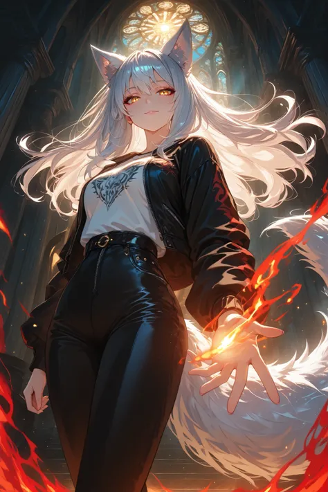 (masterpiece, best quality, highres, dynamic low angle, cinematic lighting, anime style, fantasy illustration), a beautiful silver fox-eared woman with long elegant flowing hair, confident and noble smile, golden eyes with a hint of arrogance, wearing a ca...