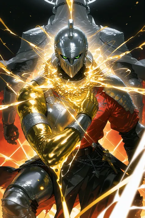 (KNIGHT CRUSADER,metallic skin, gold metal skin,m3t4l, xxx667_illu,glowing,) Male character Crusader knight. He has tall mighty broad-shouldered body shape with masculine features. He has metallic gold skintone. his whole body are covered with molten liqui...