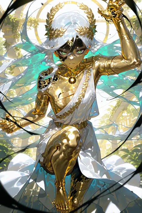 (ancient greek clothes,greco-roman clothes,gold choker,armlet,laurel crown,metallic skin, gold metal skin,m3t4l,glowing,) Male character greek god. He has tall mighty broad-shouldered body shape with masculine features. He has metallic gold skintone. his w...