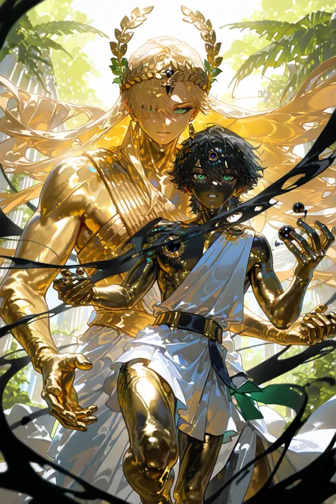 (,metallic skin, gold metal skin,m3t4l,) Ancient greek God, middle-edged man (male character). He has tall mighty broad-shouldered body shape with masculine features. He has metallic gold skintone. his whole body are covered with molten liquid gold. He has...