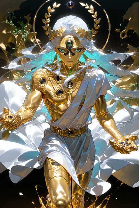 (,metallic skin, gold metal skin,m3t4l,) Ancient greek God, middle-edged man (male character). He has tall mighty broad-shouldered body shape with masculine features. He has metallic gold skintone. his whole body are covered with molten liquid gold. He has...