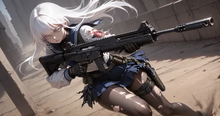 (masterpiece, Highest Quality, super detailed anime style digital painting holding a large assault rifle、closeup pictures), 1girl, long white hair、White eyelashes、Girl in a Sailor Suit、pleated skirt、I'm holding a big assault rifle。A holster belt is attache...