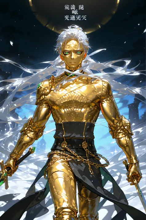 (gold metal skin,) Male character Crusader knight. He has tall mighty broad-shouldered body shape with masculine features. He has metallic gold skintone. his whole body are covered with molten liquid gold. He has green eyes that glow like emeralds. He has ...
