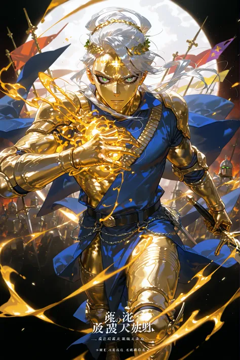 (gold metal skin,) Male character Crusader knight. He has tall mighty broad-shouldered body shape with masculine features. He has metallic gold skintone. his whole body are covered with molten liquid gold. He has green eyes that glow like emeralds. He has ...