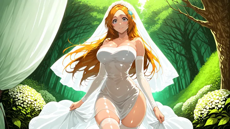 Inoue Orihime \(bleach\) a young girl  posing in a black, sheer cover-up with a flower in her hair, standing in a lush, . on the middle of the image, a 16-year-old girl with light skin, with long orange hair and parted bangs, appears to be smiling at the v...