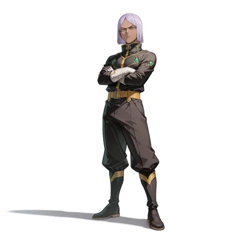 (male), (adult man), (slim body), (dark skin), (light purple hair), (medium straight hairstyle with bangs), (green eyes), (serious expression), (solo), (single character), (full body version), (white background), (no background), (highly detailed), (shadow...