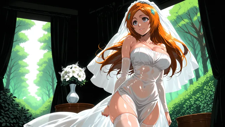 Inoue Orihime \(bleach\) a young girl  posing in a black, sheer cover-up with a flower in her hair, standing in a lush, . on the middle of the image, a 16-year-old girl with light skin, with long orange hair and parted bangs, appears to be smiling at the v...