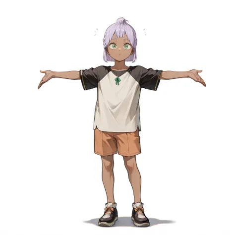(male), (child boy), (slim body), (dark skin), (light purple hair), (short straight hairstyle with bangs), (green eyes), (curious expression), (solo), (single character), (full body version), (white background), (no background), (highly detailed), (shadow)...