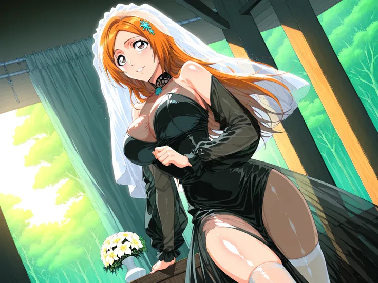 Inoue Orihime \(bleach\) a young girl  mysterious girl wearing a torn translucent veil, gothic style dress,  sheer cover-up with a flower in her hair, standing in a lush . on the middle of the image, a 16-year-old girl with light skin, with long orange hai...