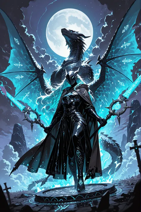 SagawaStyle,(masterpiece, best quality, dynamic action scene, 1girl, female dragon tamer, long flowing hair, ancient leather armor with metal clasps, tattered cloak fluttering in wind, standing on large stone summoning circle, arms outstretched upward, lef...