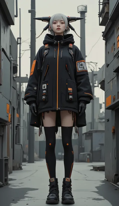 x} A young woman stands in an innovative, futuristic environment, embodies a fusion of advanced technology and enigmatic design. fit the body, teeth、white highlighted with intricate details, black, orange, The color scheme and、sleek lines that seamlessly b...