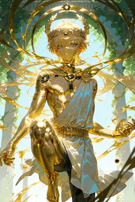 (gold metal skin,) Ancient greek God, middle-edged man (male character). He has tall mighty broad-shouldered body shape with masculine features. He has metallic gold skintone. his whole body are covered with molten liquid gold. He has green eyes that glow ...