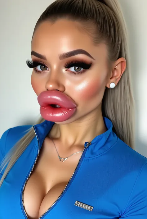 Ultra-realistic portrait of a beautiful young woman in her 20s with platinum blonde hair tied in a high ponytail. She has flawless skin, long eyelashes, and bold makeup with contour and shimmer. Her facial features are huge fake bimbo lips, glossy and over...