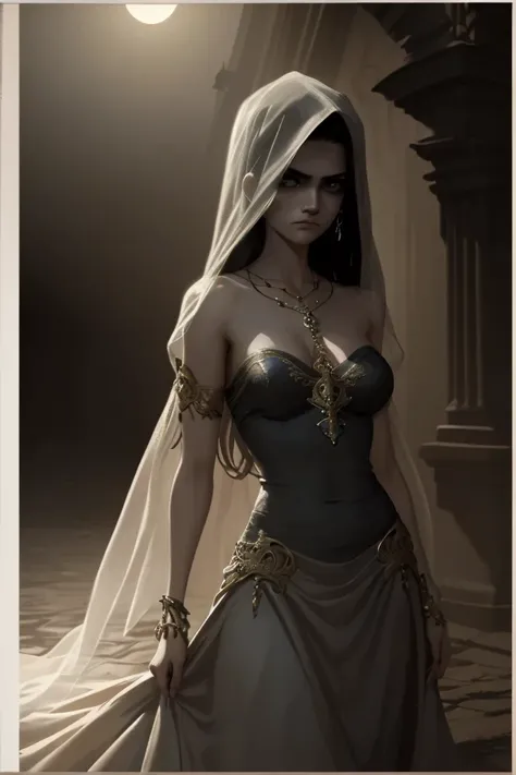 a woman's gaze holding the answer, beneath the veil,detailed facial features,piercing eyes,haunting expression,elegant pose,long flowing dress,ornate jewelry,moonlit environment,mystical atmosphere,moody lighting,dark fantasy,digital art,concept art,photor...