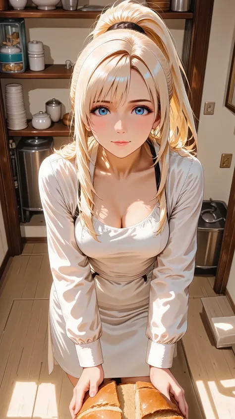 A friendly adult woman with long blonde hair styled in a high ponytail. She has natural makeup and a warm, welcoming smile. She has natural and correct anatomy, perfectly rendered hands with five fingers, and well-proportioned limbs. She is wearing a clean...