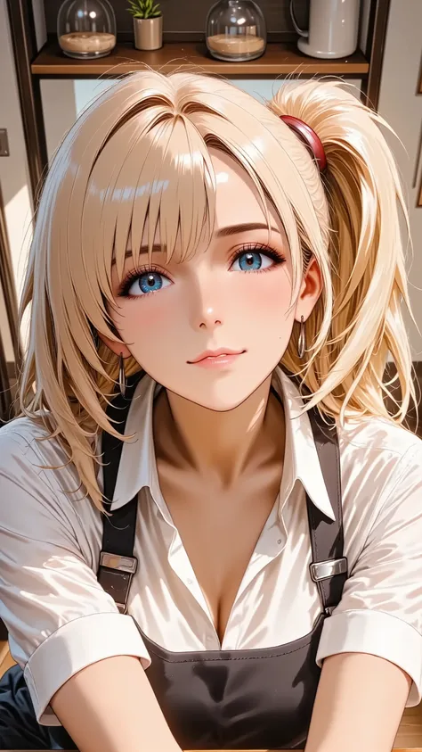 A charming adult woman with long blonde hair styled in a high ponytail. She has natural makeup. She has natural and correct anatomy, perfectly rendered hands with five fingers, and well-proportioned limbs. She is wearing a crisp white shirt and a dark bari...