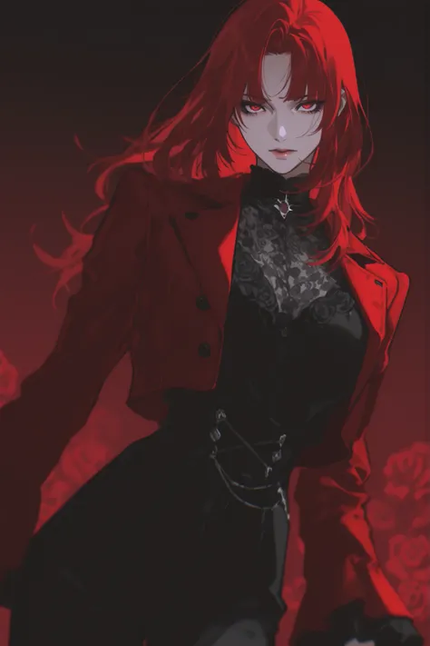 best quality, masterpiece, 1girl, red_hair, dynamic angle, long_hair, straight_hair, dynamic pose, neutral expression, evil, mature face, dark fantasy, {red, wine color, evil, tall lady, splash art}, red_flower, high_collar, high collar overcoat, roses, p...