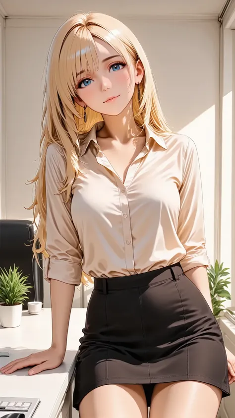 A charming adult woman with long, wavy blonde hair. She has natural makeup and a warm, friendly smile. She has natural and correct anatomy, perfectly rendered hands with five fingers, and well-proportioned limbs. She is wearing a smart office uniform (a so...